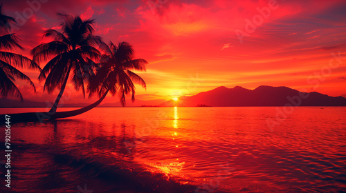 Serene Summer Sunset: Vibrant Red-Orange Sky Over Clear Ocean Waters, Palm Trees Silhouetted on the Horizon. Copy space.