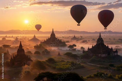 A group of hot air balloons are flying over a city with a beautiful sunset in the background. The scene is serene and peaceful, with the balloons floating above the buildings and the sky