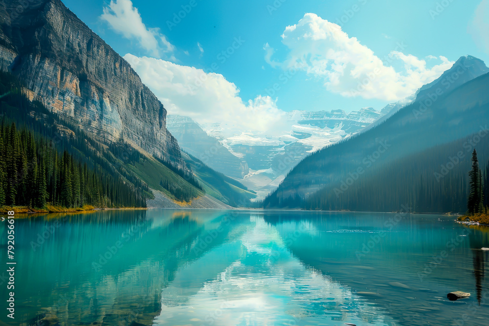 A beautiful mountain lake with a blue sky in the background. The lake is surrounded by trees and mountains, creating a serene and peaceful atmosphere. The reflection of the mountains