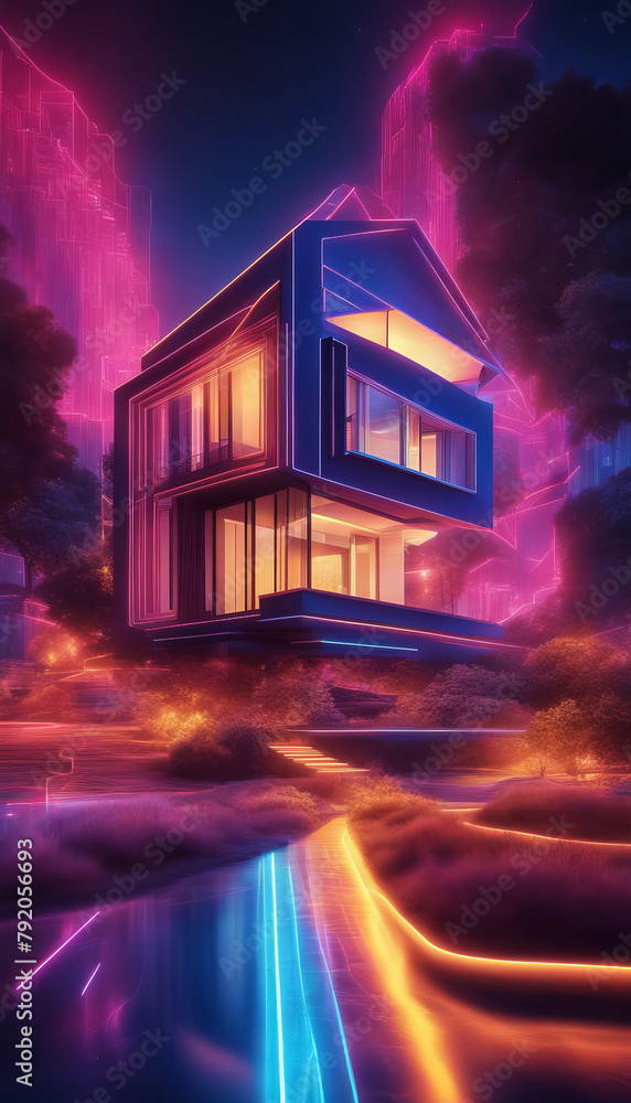 Futuristic house with neon lights at night