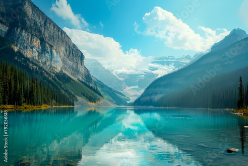 A beautiful mountain lake with a blue sky in the background. The lake is surrounded by trees and mountains, creating a serene and peaceful atmosphere. The reflection of the mountains