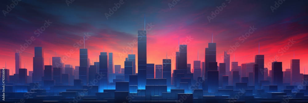 Digital City Skyline Silhouette With Sunset Background. Cyberpunk Cityscape. Futuristic Metropolis. Generative AI