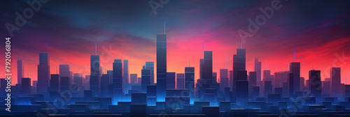 Digital City Skyline Silhouette With Sunset Background. Cyberpunk Cityscape. Futuristic Metropolis. Generative AI