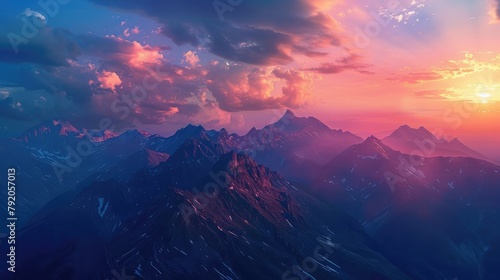 A majestic mountain range silhouetted against a vibrant sunset sky, casting a kaleidoscope of hues across the rugged peaks and valleys below.