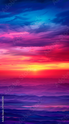 Gradient Ocean: Smooth Transition of Dark Purple, Red, Orange and Yellow Linear Spectrum. Beach shot. Mobile wallpaper.