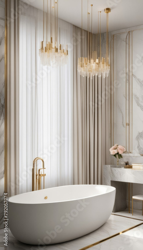 Luxurious bathroom in golden tones with marble interior