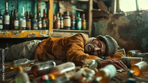 Homeless man sleeping on the couch with beer bottles in the background photo