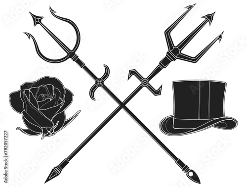 Symbolism of mystical tridents in black silhouettes represented in icons and editable lines with a top hat and a flower as an art composition. high quality image