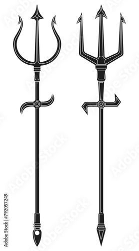 Two types of drawings of mystical tridents in black silhouette outlines with representation in icons and editable lines. high quality image