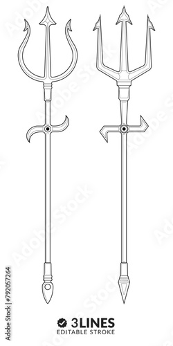 two types of drawings of mystical tridents in contour lines with representation in icons and editable lines. high quality image