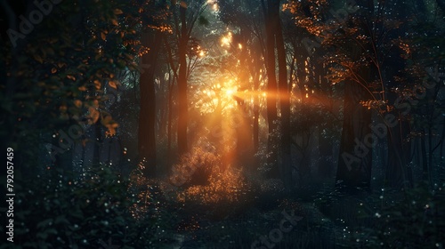 An evocative portrayal of a twilight scene in the heart of a dark forest, where the warm glow of the setting sun filters through the branches, illuminating the forest floor with an otherworldly light 