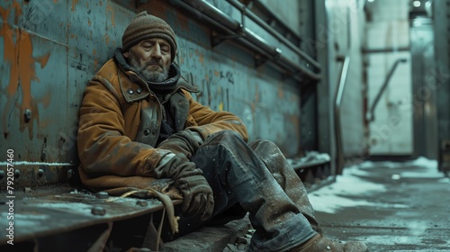 Poor homeless man sitting on a rusty train in an industrial area.