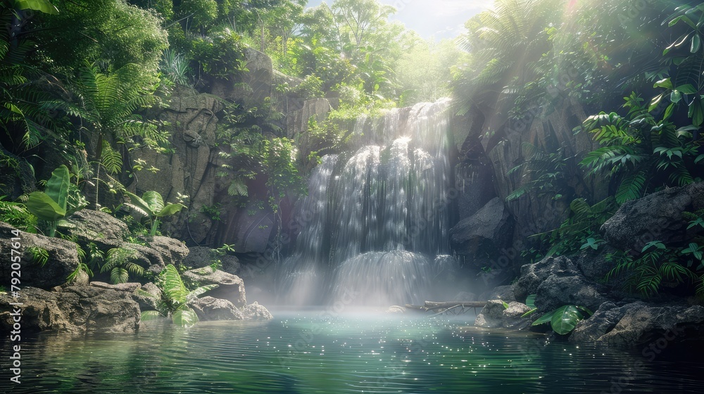 A majestic waterfall cascading down rugged cliffs into a pristine emerald pool below, surrounded by lush tropical foliage and alive with the chorus of nature's symphony, inviting adventurers