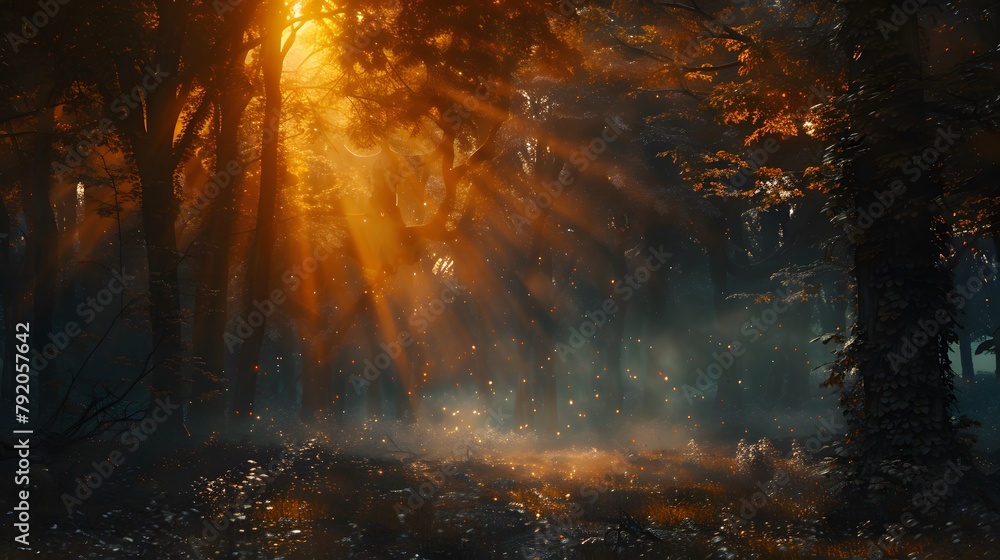 An evocative portrayal of a twilight scene in the heart of a dark forest, where the warm glow of the setting sun filters through the branches, illuminating the forest floor with an otherworldly light