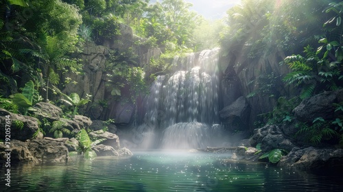 A majestic waterfall cascading down rugged cliffs into a pristine emerald pool below  surrounded by lush tropical foliage and alive with the chorus of nature s symphony  inviting adventurers