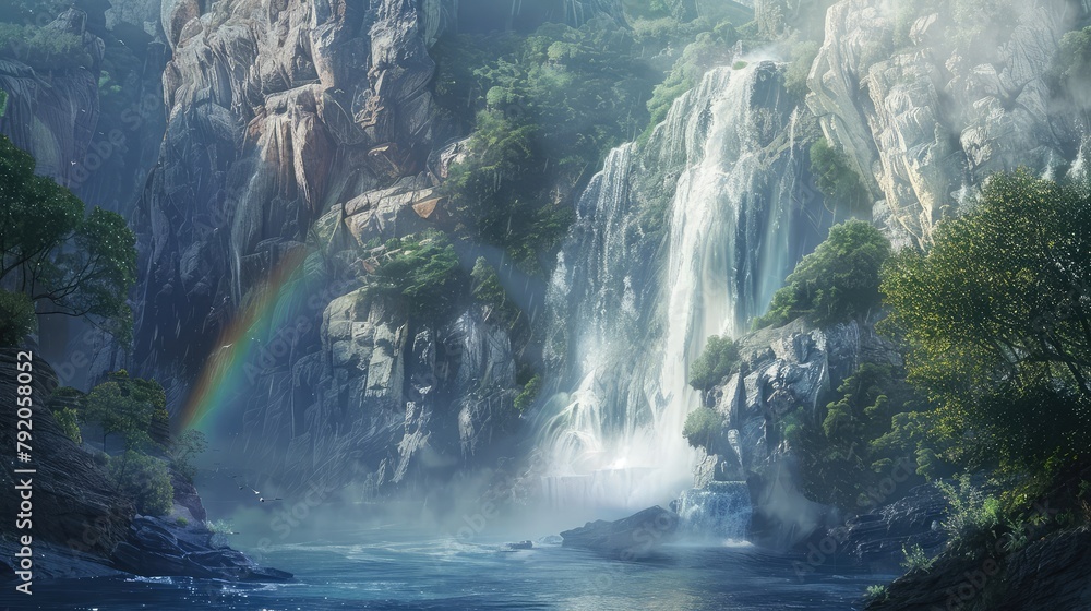 A majestic waterfall plunging into a deep gorge below, with mist rising from the cascading waters and rainbows forming in the spray, while towering cliffs loom overhead, creating a scene of awe-