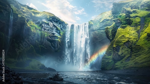 A majestic waterfall plunging into a deep gorge below  with mist rising from the cascading waters and rainbows forming in the spray  while towering cliffs loom overhead  creating a scene of awe-