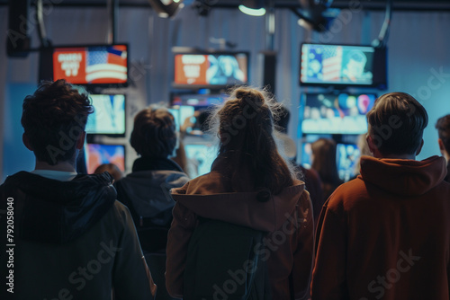 A group of people are watching a television show together. Scene is relaxed and social, as the group of people are gathered around a television in a comfortable setting