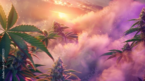 Cannabis Plants at Sunset - Lush cannabis plants with vibrant leaves under a stunning sunset sky.
