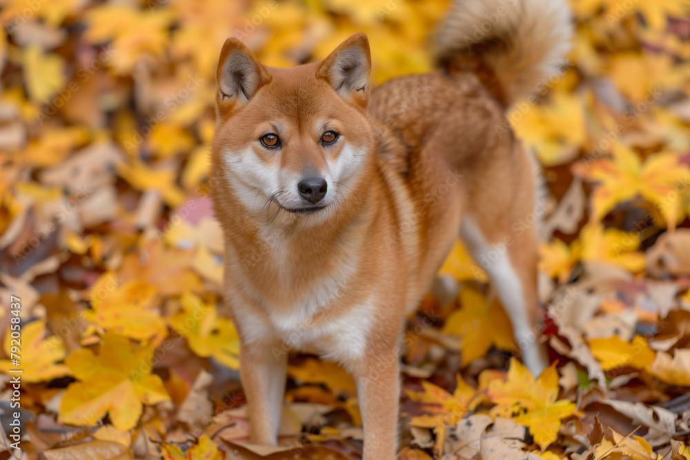 A Shiba Inu dog standing on autumn leaves in the park