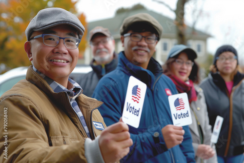 A group of people are holding up voting cards and smiling. Scene is positive and encouraging