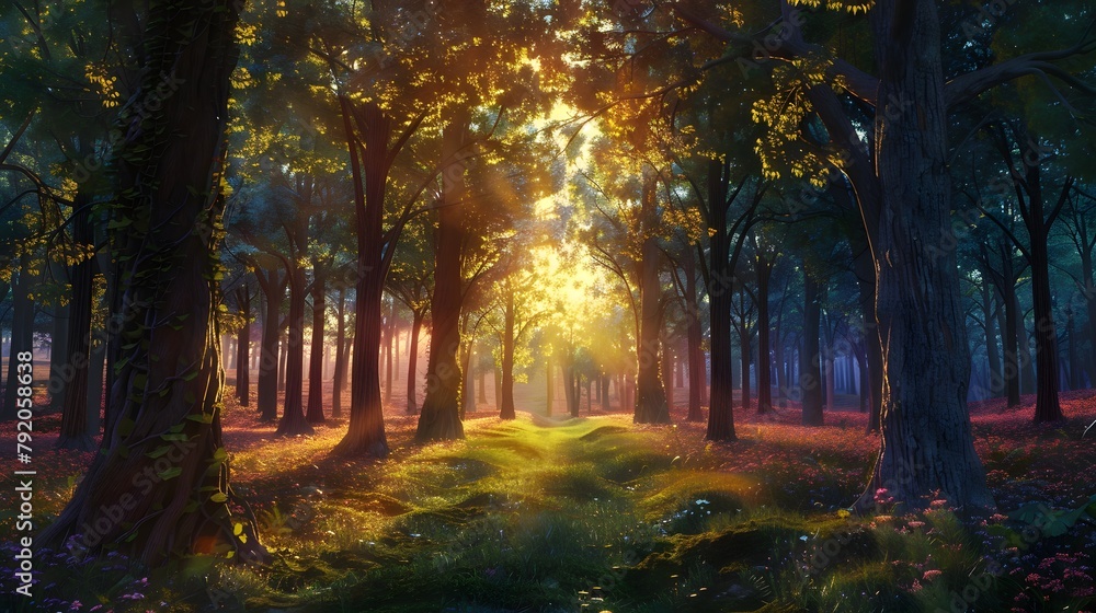 An immersive image of a secluded forest clearing at sunset, where the vibrant colors of the sky contrast with the deep shadows of the surrounding trees, 