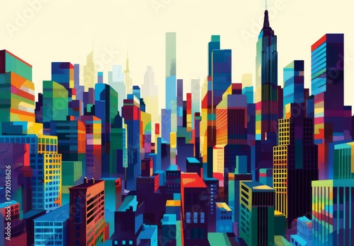 Craft vibrant minimalist cityscapes with geometric shapes and bold hues.