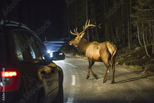 Deer ran into the road at night in front of a moving car. Road hazards, wildlife and transport