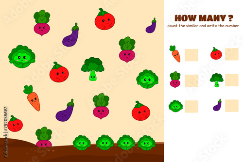 How much is the game. Counting game with different cute vegetables. Cute counter game with illustrations