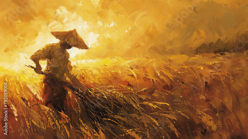 In soft brushstrokes, this impressionistic oil painting captures a figure by the cornfield in the warm light of the sunset.