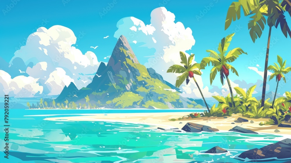 A vibrant cartoon illustration of a tropical volcanic island set in the sea featuring lush palm tree forests and surrounded by crystal clear ocean waters This picturesque paradise exudes the