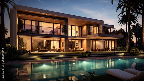 Exterior of luxury villa with swimming pool and beautiful landscaping © Iman
