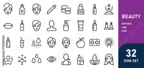 Beauty Line Editable Icons set. Vector illustration in thin line modern style of body care related icons cosmetic procedures for face and body, diet, cosmetics, and more