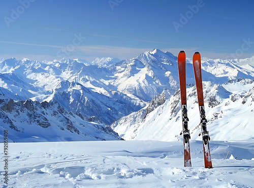 Skis crossed on the snow with alps in the background stock photo, high definition high resolution, detailed image