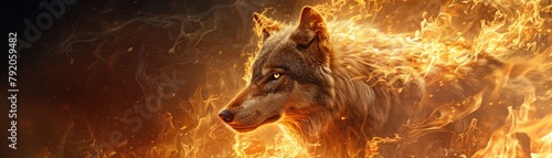 Intense illustration of a fiery wolf in dynamic flames