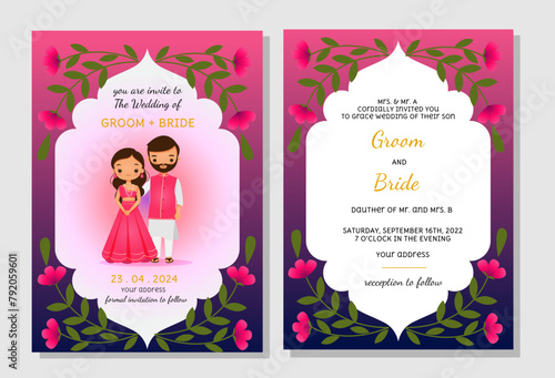 Set of Indian Wedding Invitation Cards featuring adorable Bride and Groom, adorned with floral decorations - Vector Illustration