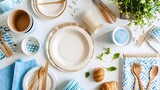 An organized flatlay of decorative paper napkins and disposable tableware, convenient for hosting outdoor picnics and gatherings during Shavuot.
