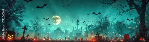 Spooky Halloween graveyard with bats and a full moon