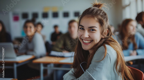 Jovem mulher a sala de aula sorrindo photo