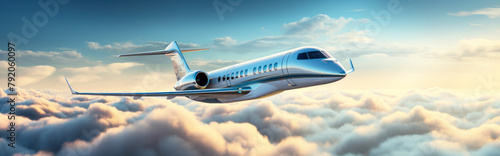 Luxury design private jet flying over the clouds in the sky on a clear day. Travel background and wide aerial banner. Generative AI