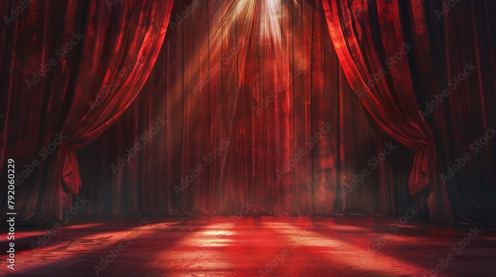 Spotlight illuminates a maroon red curtain on a theater stage, setting a dramatic art performance scene - obrazy, fototapety, plakaty 