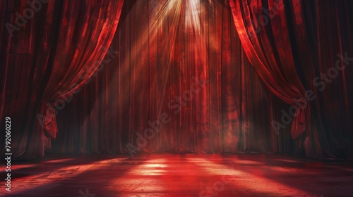 Spotlight illuminates a maroon red curtain on a theater stage, setting a dramatic art performance scene photo