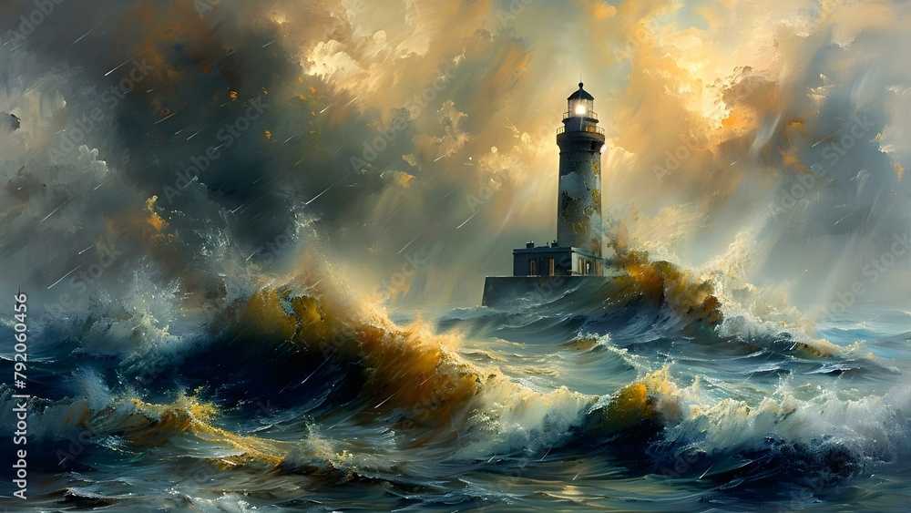 Lighthouse in the distance amidst stormy seas in oil painting masterpiece. Concept Seascape, Lighthouse, Stormy Weather, Oil Painting, Masterpiece