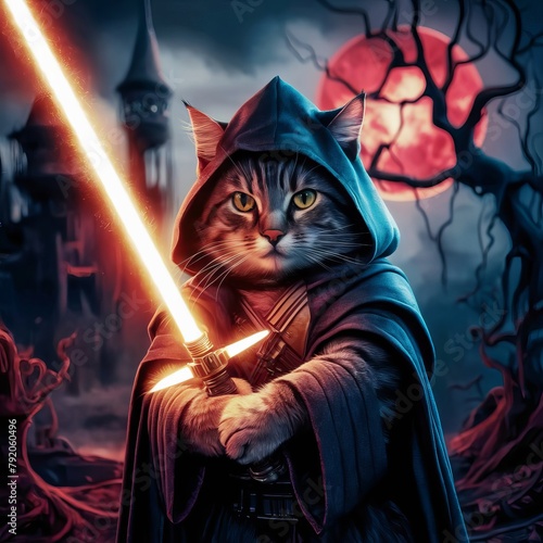 Pet costume for Halloween, Funny cat in the sign of the Jedi and with a lightsaber
