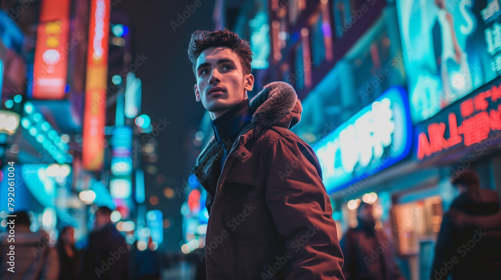 a stylish young man walking through a bustling city street