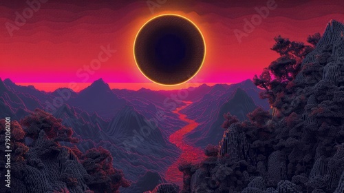 solar eclipse over appalachian landscape, lovecraftian, worrying bizarreness, paranoia photo