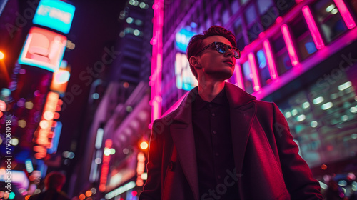 a stylish young man walking through a bustling city street