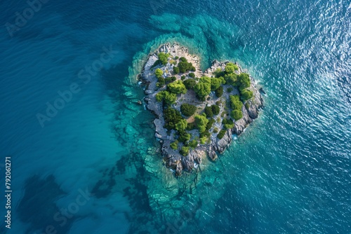 An aerial view of a heart-shaped island blanketed with lush greenery amidst the turquoise embrace of the sea 