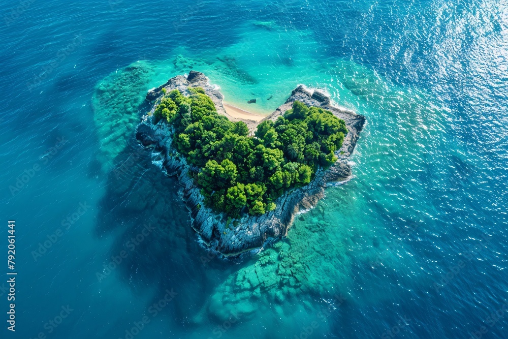 An aerial view of a heart-shaped island blanketed with lush greenery amidst the turquoise embrace of the sea
