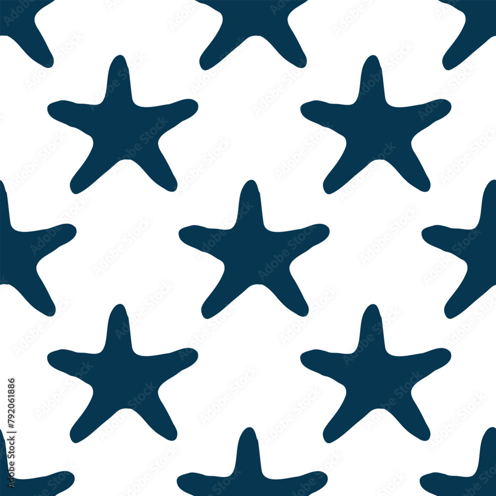 Underwater seamless pattern with starfish silhouette illustration in blue color. Sea star sketch, seashell drawing. Summer beach seaside print for background, textile, fabric, wrapping paper
